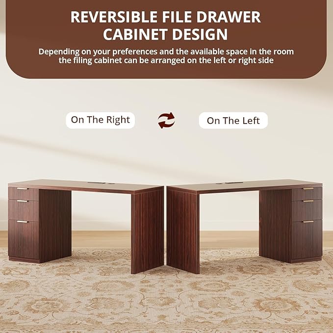 FURSUN 58 Modern Executive Desk with Storage Home Office Desk with Drawer &amp Cabinet Wooden Fluted Desk for Study Living Room Bedroom Dark Walnut
