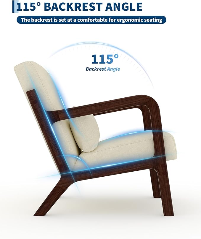 Garvee Mid-Century Chenille Accent Chair Cozy Reading Chair Modern Lounge Armchair with Lumbar Pillow Solid Wood Frame for Living Room Bedroom Office Beige