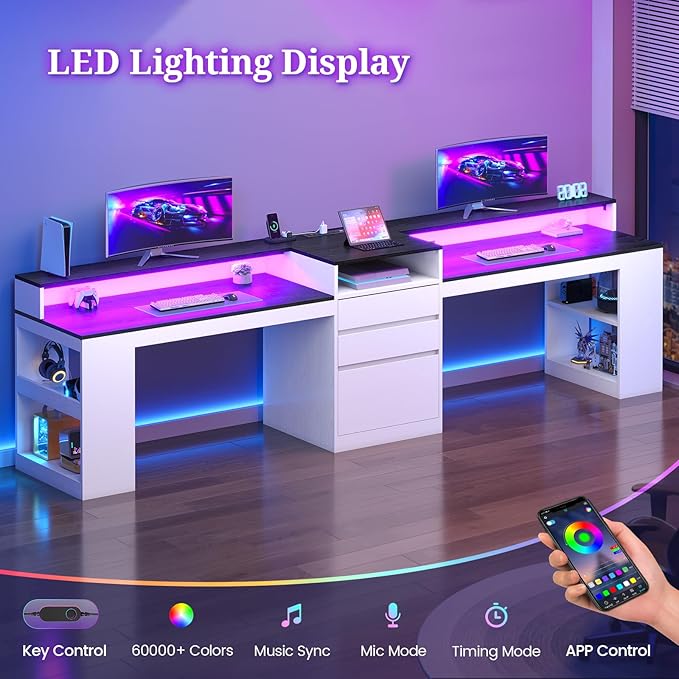 96.6 Long Computer Desk 2 Person Desk with LED Lights &amp Power Outlet Modern Two Person Gaming Desk with File Drawers Monitor Stand Printer Shelf ＆ Storage Double Table for Home Office White
