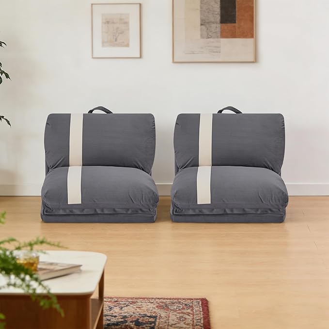 Folding Sofa Bed Set of 2 Convertible Floor Sofa with 6-Position Adjustable Backrest Metal Frame and Handle Futon Floor Couch for Dorm Bedroom Apartment Dark Gray
