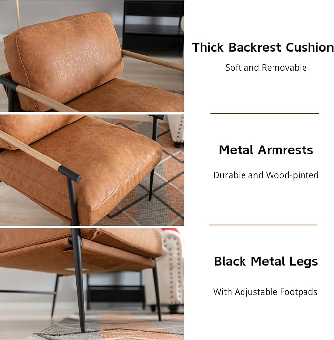 HEAH-YO Modern Accent Chair Set of 1 PU Faux Leather Living Room Chair with Backrests and Metal Legs Comfy Reading Side Armchair for Bedroom Brown