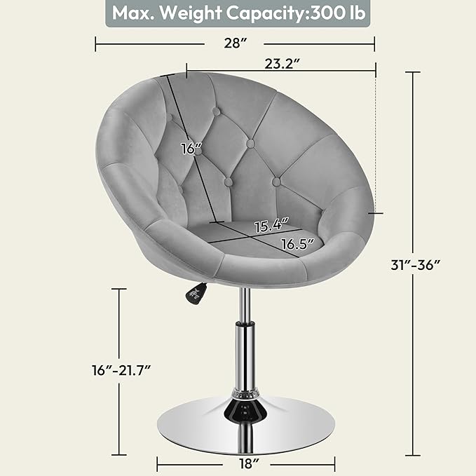 Yaheetech Adjustable Vanity Chair with Round Tufted Back Swivel Velvet Salon Chair for Bedroom Living Room Office Gray