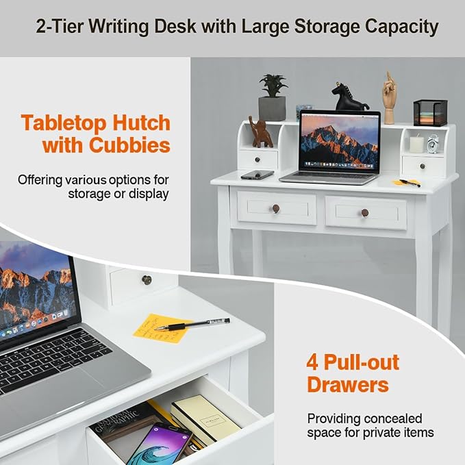 DMAITH Small White Writing Desk with Hutch – 32 Home Office Desk with Drawers | Compact Computer Desk Vanity Makeup Table for Bedroom or Study Room