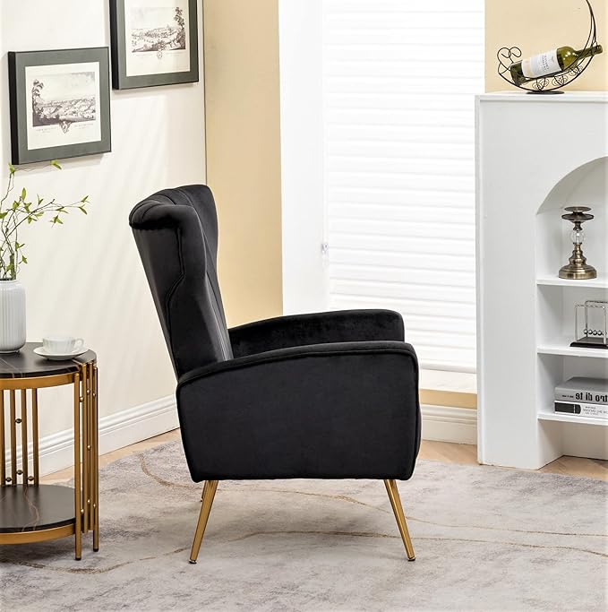 Modern Velvet Accent Chair Channel Tufted Bedroom Office or Living Room Furniture with Elegant Metal Legs 26 Wide Armchair Black