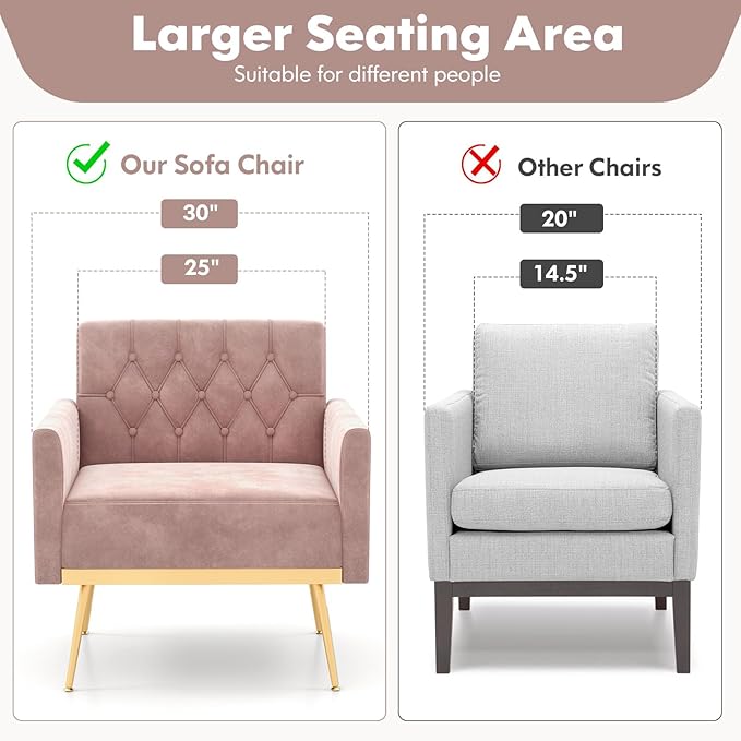 Modern Accent Chairs for Living Room Mid-Century Velvet Upholstered Arm Chair w/Gold Metal Legs Comfy Reading Armchair Tufted Single Sofa Chair Couch for Bedroom Office (2Pink)