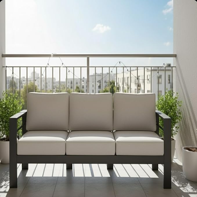 75 All-Weather Sofa Bed with Heavy-Duty Frame Stylish Sofa Bed with Water-Repellent Olefin Comfort 3-Seater Sofa with High-Density Foam for Patio Balcony Black+Grey