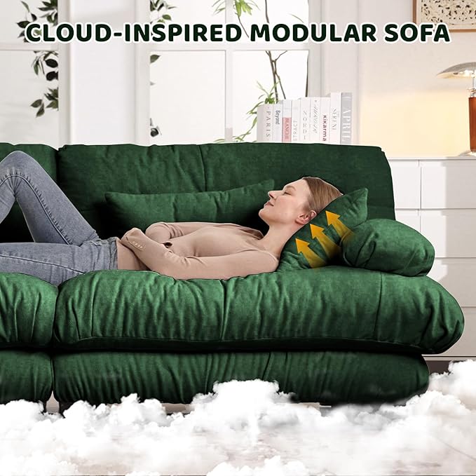 94.4 Modular Sectional Sofa Cloud Couch Chenille Deep Seat Loveseat w/ 2 Movable Ottoman U Shaped 2 Seater Small Couches for Small Spaces Sectional Couches for Living Room Apartment (Green)