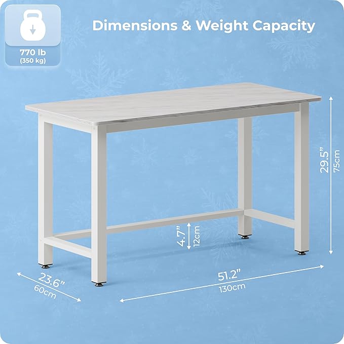 51 Home Office Desk Modern Computer Desk 51.2x23.6x29.5 inches PC Table with Thicken Frame Industrial Style Sturdy Metal Frame Furniture for Writing Gaming Marble White+White