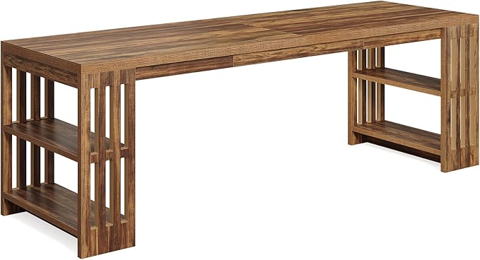 LITTLE TREE 78.7 Long Desk 2 Person Desk with Shelves Large Wooden Computer Desk Heavy Duty Shelf Legs Design for Two Person Home Office Business Workstation Brown (78.7 W x 23.6 D)