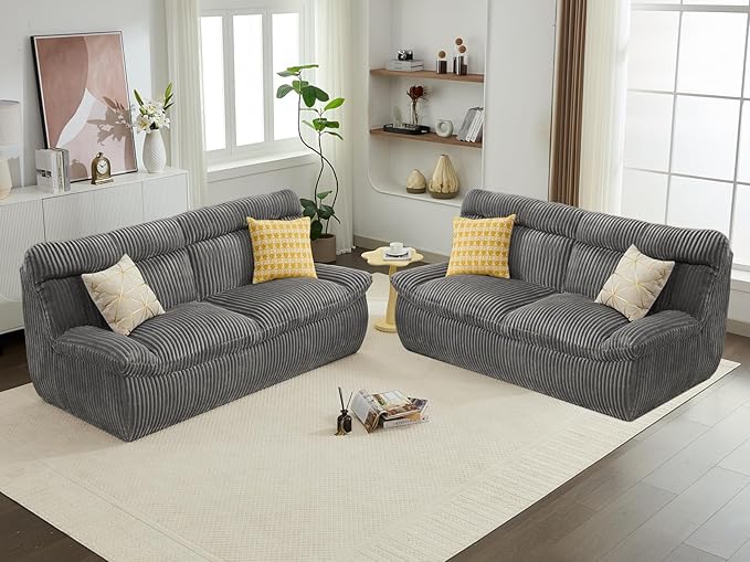 82 Boneless Corduroy Loveseat Sofa for Living Room Oversized Cloud 2-Seater Couch with Deep Seat Comfy Corduroy Couches Sofa with Memory Foam Grey Love Seat Couch No Assembly Required