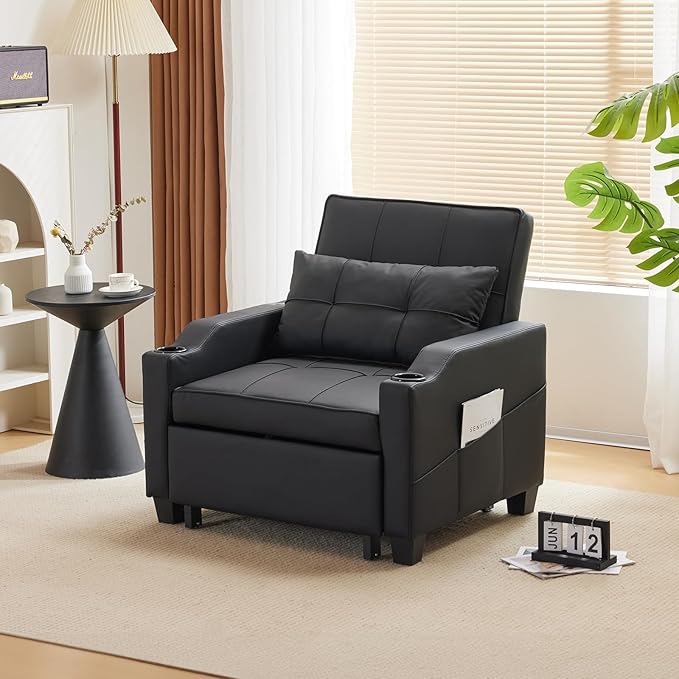 VINGLI Black Sleeper Chair Bed 3-in-1 Convertible Futon Sofa Bed Pull Out Couch Bed Adjustable Recliner Chair with USB Ports Cup Holders Side Pockets for Living Room Bedroom Small Spaces