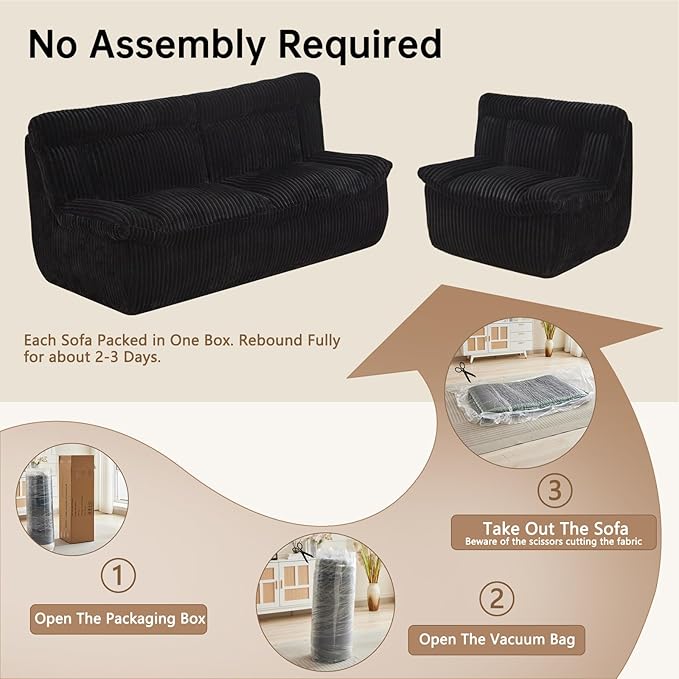 82'' Boneless Corduroy Loveseat Sofa for Living Room Oversized Cloud 2-Seater Couch with Deep Seat Black Corduroy Couches Compressed Sofa in a Box for Living RoomNo Assembly Couch
