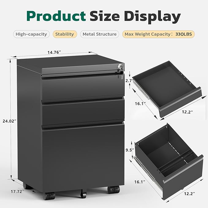 Greenvelly 3 Drawer Mobile File Cabinet with Lock Metal Filing Cabinet on Wheels Under Desk File Cabinet for Home Office Organizer Letter/Legal/A4 File (Assembly Required Black)
