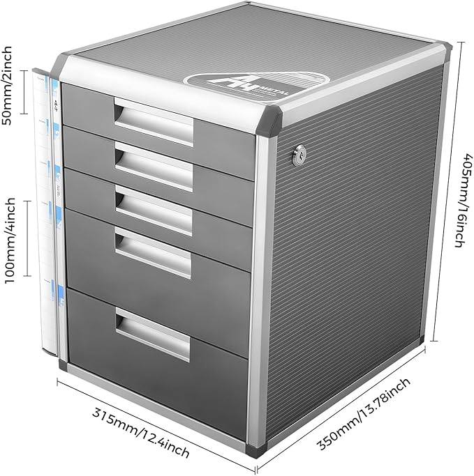 5 Drawers File Cabinet with Lock Metal Document Storage Cabinet with Keys Filing Organization Storage Cabinets for Office Home Aluminum Alloy Edge File Organizer