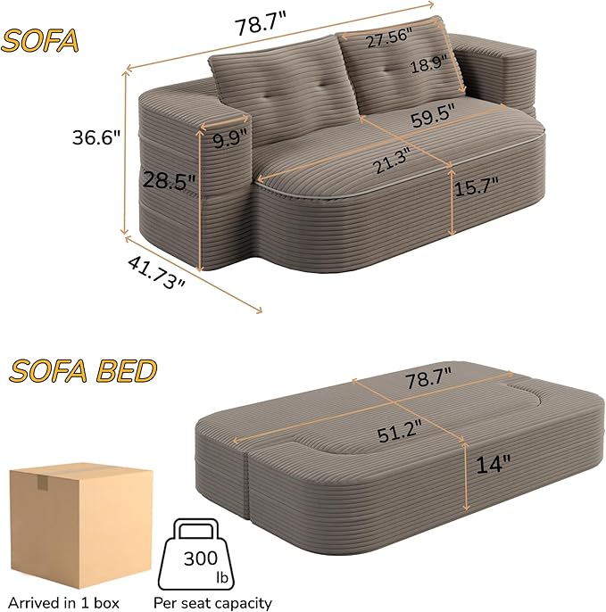 78.7 Floor Foam Sleeper Sofa Bed Folding Futon Corduroy Compression Loveseat Sofa Couch Bed Couch Foldable Full Size Couch with 2 Pillows for Living Room Bedroom Apartment