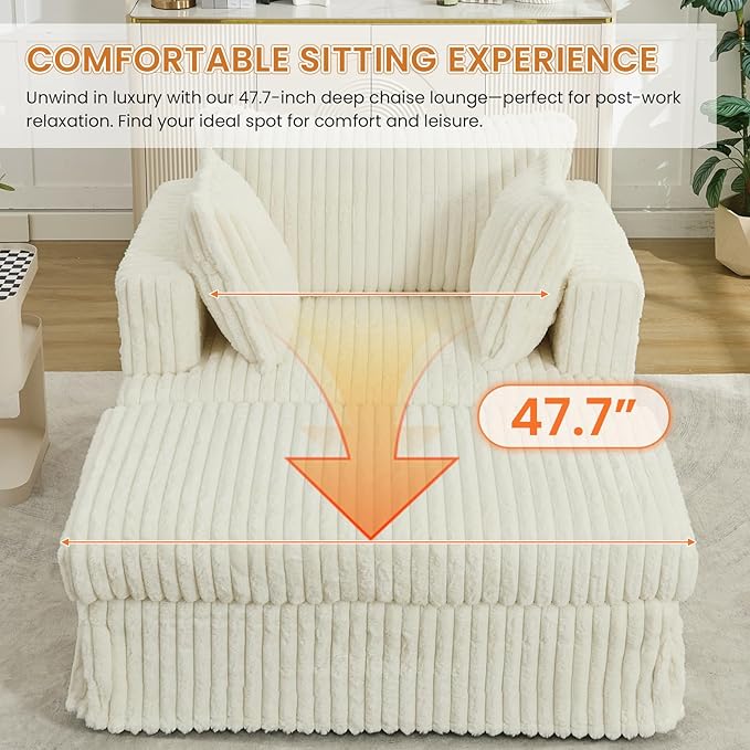 KINFFICT Oversized Chaise Longue IndoorComfy Upholstered Tufted Corduroy Single Sofa Couch Leisure Chair with 3 PillowDeep Seat Reclining Sleeper Sofa Chair for Living RoomBedroomOffice (Beige)