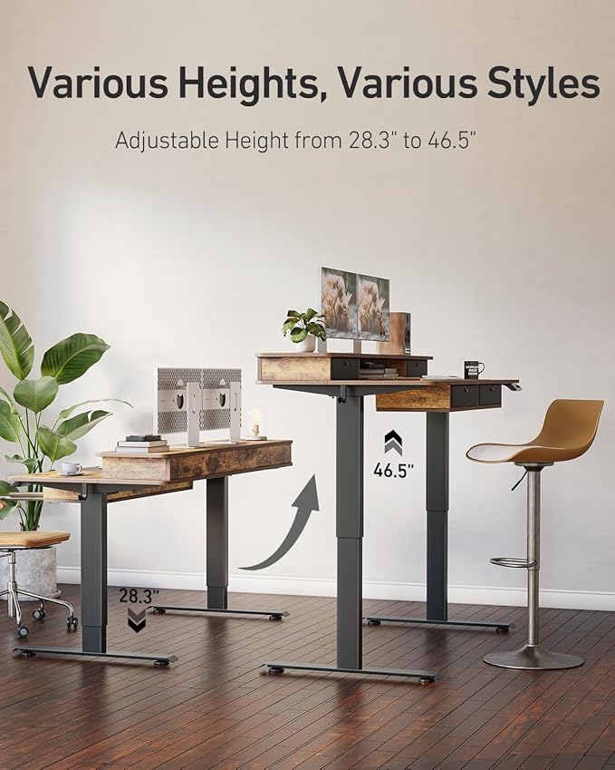 CubiCubi 60 x 30 Standing Desk with Drawers Height Adjustable Electric Workstation Computer Sit Stand Up Table with Large Storage Shelf 4 Drawers and 2 Hooks Rustic Brown