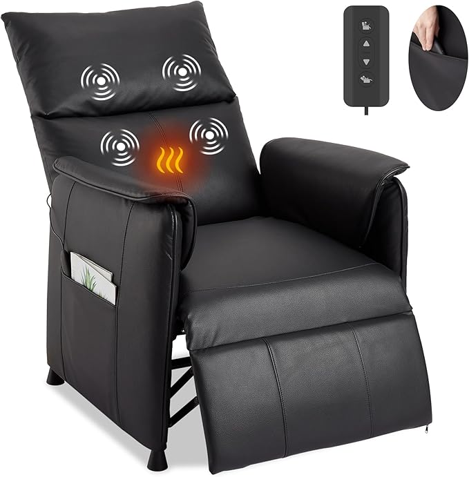 Electric Recliner Chair with Heat and Massage Power Recliner Sofa Bed for Living Room Home Theater or Office Heated Recliner Adjustable PU Leather Massage Chair Remote Control Black