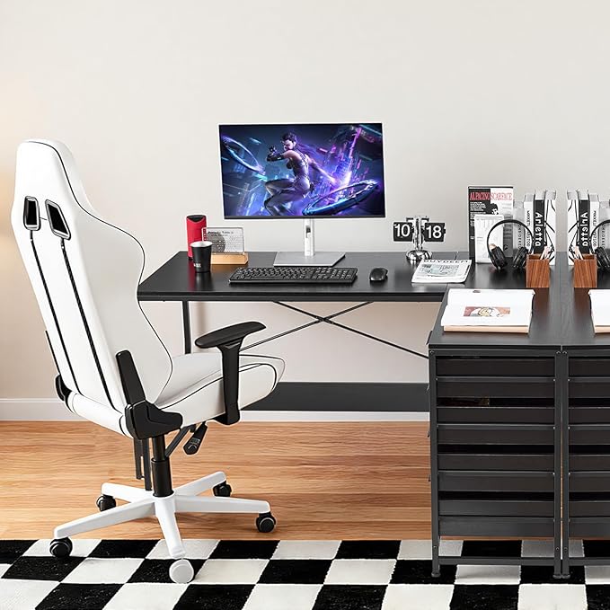 VEVOR L-Shaped Computer Desk 59-inch Reversible Corner Gaming Desk with Drawers &amp Storage Shelves Modern Stylish PC Table Sturdy Work Workstation for Home Office - Easy to Assembly