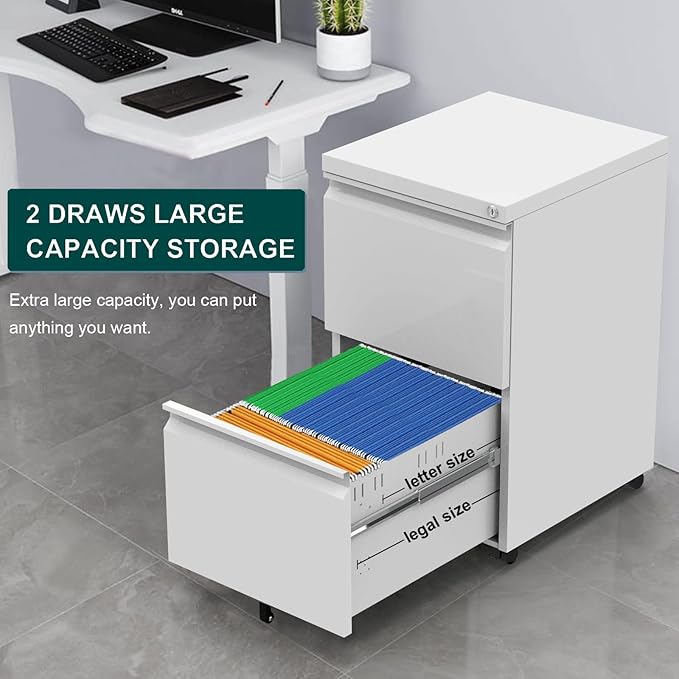 2 Drawer Mobile File Cabinet with Lock and Wheel Anti-tilt Design Metal Vertical Filing Cabinet Rolling Desk Filing Cabinet fits Letter/Legal Size for Home Office (White)