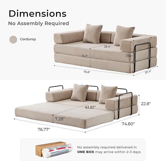 WELAX 77 Convertible Sleeper Sofa Bed Boneless Cloud Queen Futon Couches with 2 Pillows &amp Removable Armrests Corduroy Folding Floor Couch No Assembly for Bedroom Living Room Light Grey