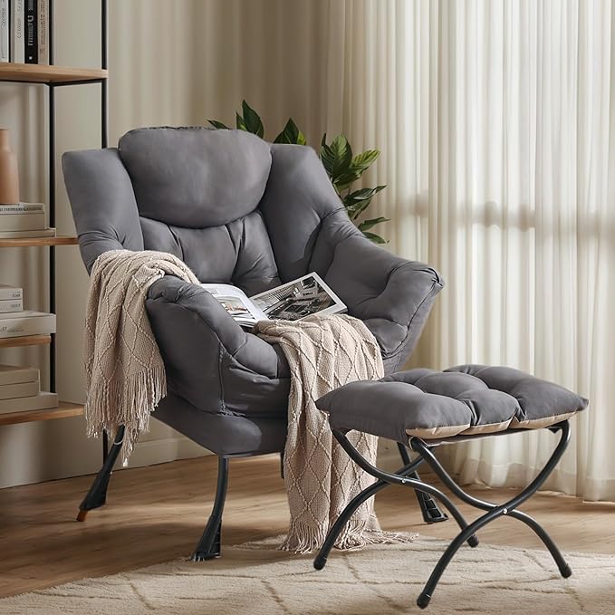 Lazy Chair with Ottoman Large Dark Grey Accent Chair with Ottoman Comfy Reading Armchair Leisure Sofa Chair for Living Room Bedroom Dorm Room Office