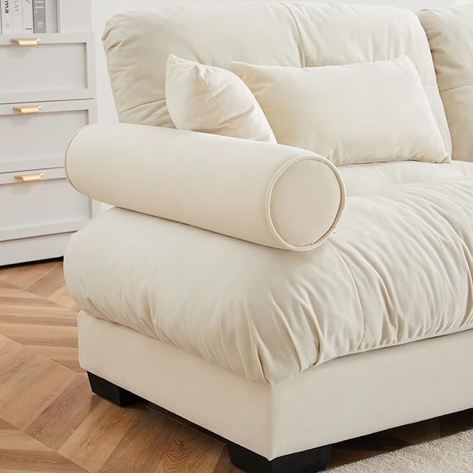 Oversized Modern Cream Velvet 2-Seater Sofa with Ottoman L-Shaped for Living Room &amp Loft - Exquisite Stylish Design