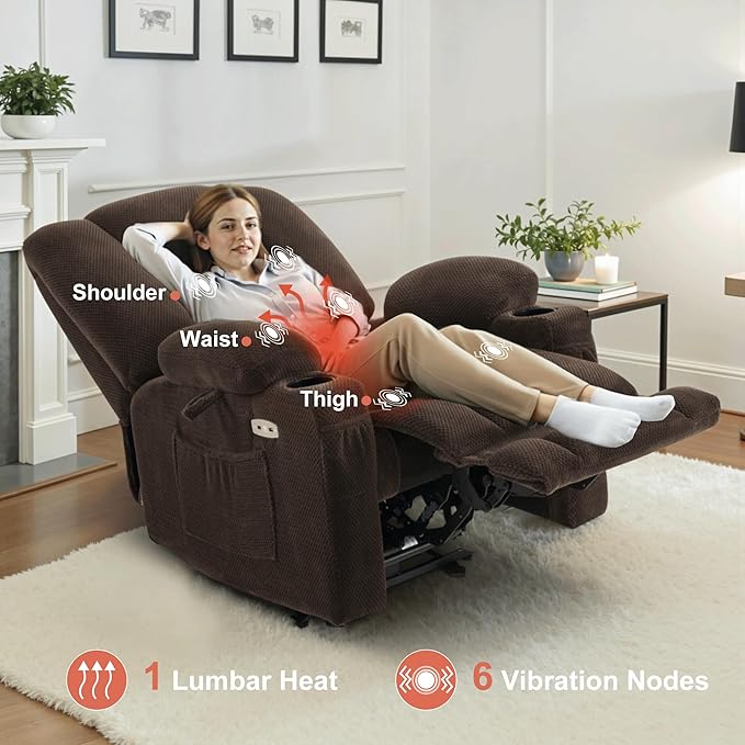MCombo Zero Gravity Power Recliner Chair with Heat and Vibration Massage Reclining Chair with USB &amp Type C Ports Cup Holders for Living Room Fabric 8015 (Brown)