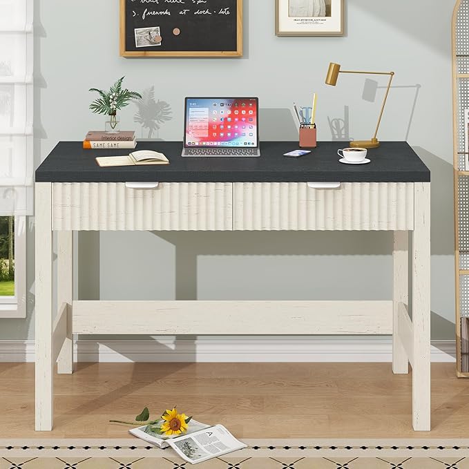 Fluted Computer Desk with 2 Drawers 39 Inch Small Computer Desk with Storage Compact Writing Study Desk for Small Spaces Black and White
