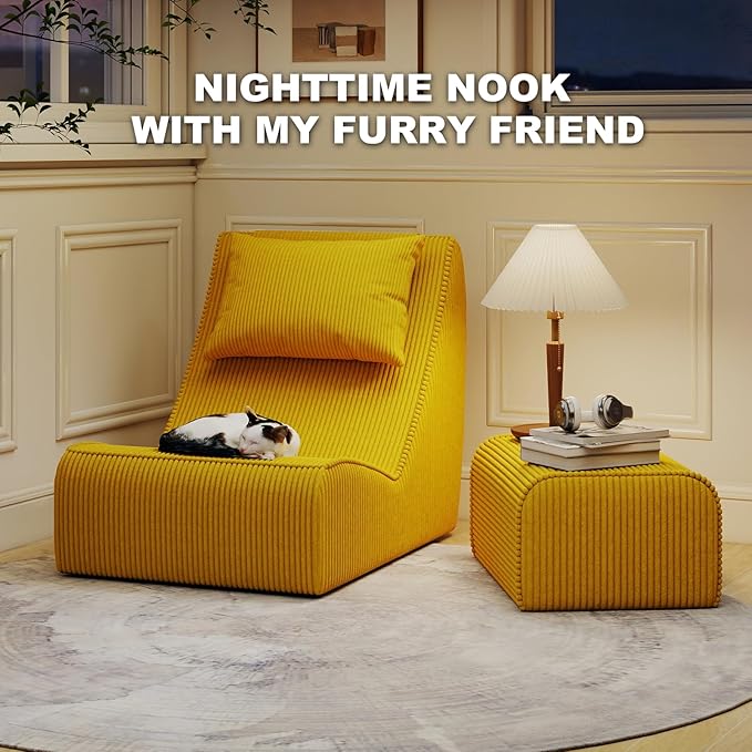 Giant Bean Bag Chair for AdultsCorduroy Chaise Lounge with Unrivaled Back Support Detachable Neck Pillow Comfortable Ottoman &amp Washable Cover for Living Room Bedroom Garden (Corn Yellow)