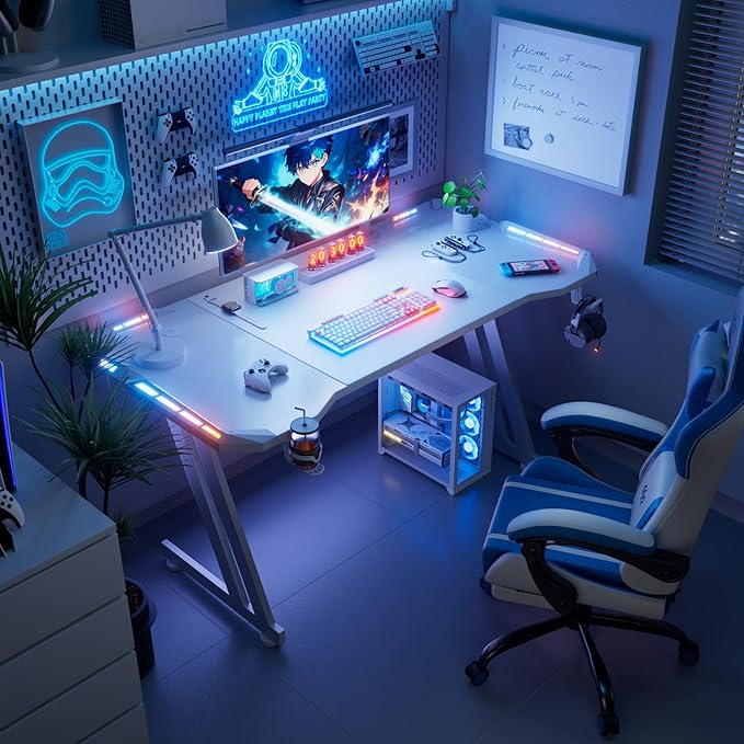 HLDIRECT 63 Inch Gaming Desk with LED Lights Carbon Fibre Surface Gaming Table Large Computer Desk Ergonomic Home Office Desks Z Shaped PC Gamer Workstations with Cup Holder &amp Headphone Hook White
