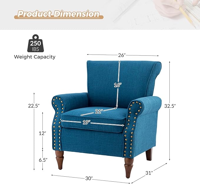 HULALA HOME Accent Chair with Wood Legs &amp Removable Cushion Modern Wingback Armchair with Nailhead Trim Comfy Upholstered Lounge Chair Single Sofa Chairs for Living Room Bedroom Set of 2 Navy