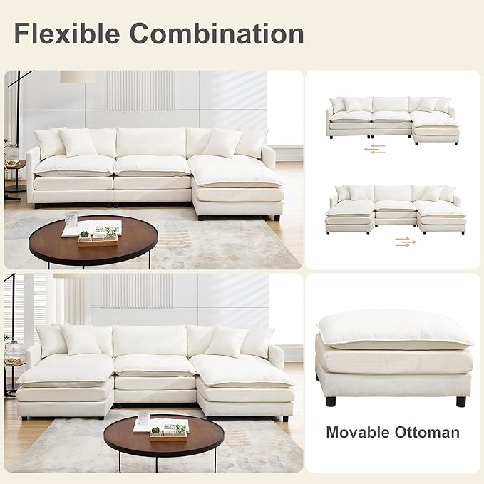 Modular Sectional Sofa Convertible U Shaped Cloud Couch with Memory Foam Comfy Modular Sofa with Ottomans Chenille Fabric for Living Room
