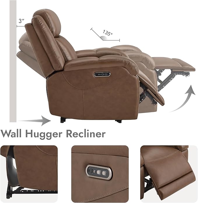 Watson &amp Whitely Genuine Leather Power Recliner Chairs for Adults Wall Hugger RV Recliner with Power Headrest &amp Charging Ports Electric Recliner Sofa Chair for Living Room Cafe