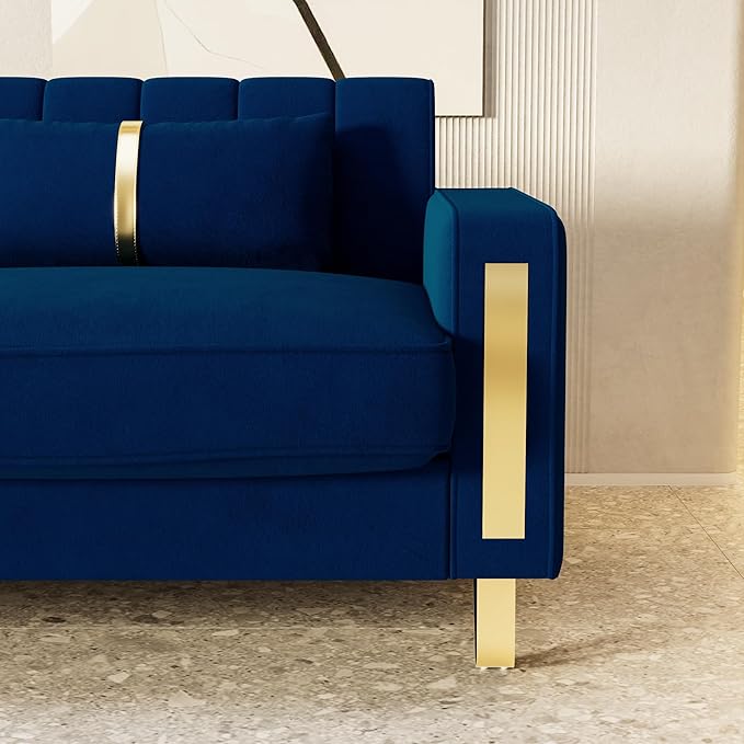 85.63 Modern Blue Velvet Sofa with Gold Metal Legs Large Upholstered Mid Century Modern Comfy 3 Seater Dark Blue Couches for Living Room (Blue)