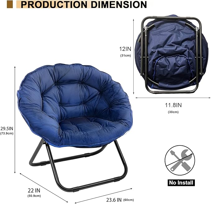 Grezone Folding Saucer Chair Lazy Moon Chair with Metal Frame Comfy Bedroom Chairs for Bedroom Living Room Study Navy
