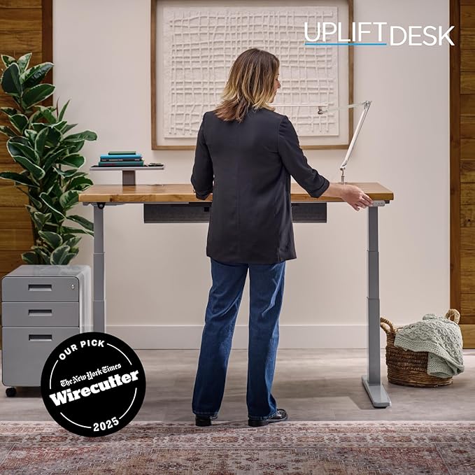 UPLIFTDESK V3 2-Leg Walnut Laminate Wood Standing Desk – Adjustable Height Advanced 1-Touch Memory Keypad Under Desk Cable Management Wire Grommets &amp Rocker Board (Black C-Frame 42 x 30 inch)