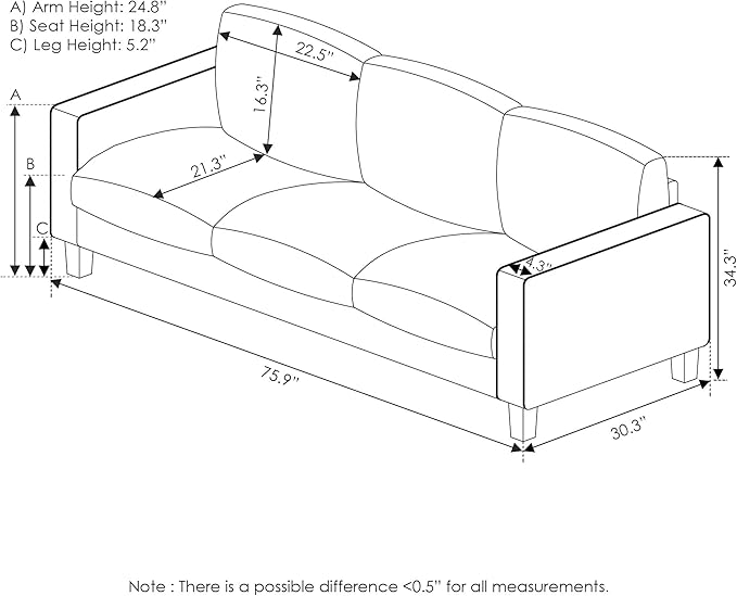 Furinno Bayonne Modern Upholstered 3-Seater Sofa Couch for Living Room Fog