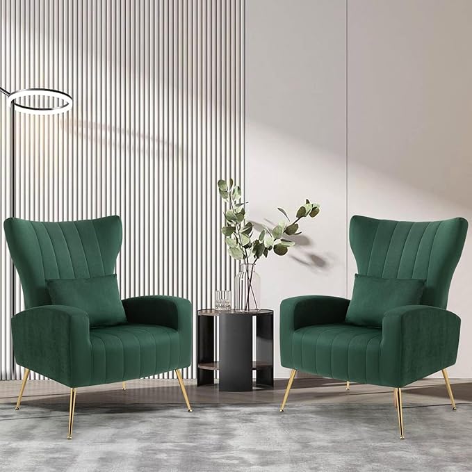 X-VOLSPORT Velvet Accent Chair Mid Century Modern High Back Living Room Chair with Waist Pillow Upholstered Arm Chair with Metal Gold Legs for Bedroom Club Green