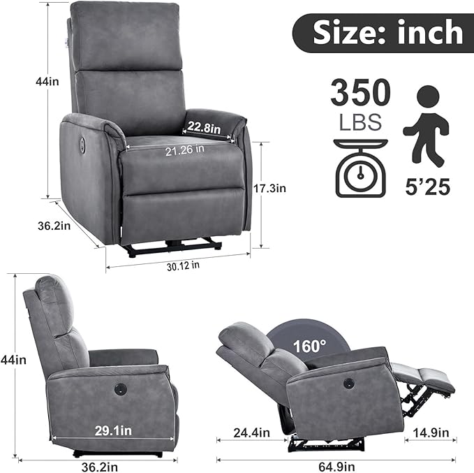 Electric Power Recliner Chair Reclining Chair for Bedroom Living RoomSmall Recliners Home Theater Seating with USB PortsRecliner for Small SpaceDark Gray