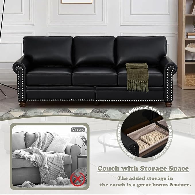 Antetek 2-Piece Comfy Upholstered PU Leather Sofa Couch Set Mid-Century Modern Loveseat Sofa+3 Seater Couch with Storage Space for Living Room Furniture Set Black