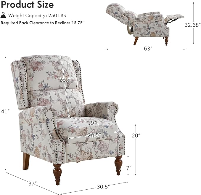 Pushback Recliner Chair Upholstered Floral Fabric Wingback Chair Single Sofa Accent Chair with Wood Legs and Rivet Decoration for Living Room Bedroom Navy Floral