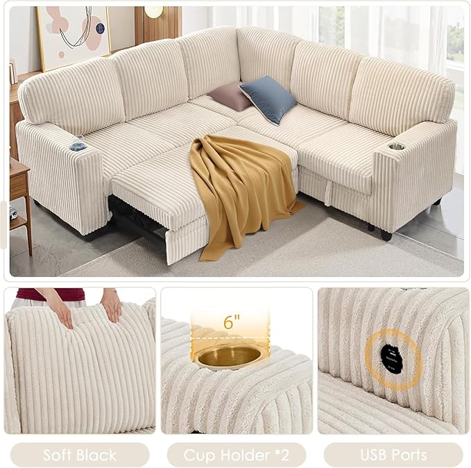 81 Modular Sectional Sofa L Shaped 5-Seater Sleeper Sofa with Pull Out Bed Hidden Storage Cup Holders &amp USB Charging Ports Sectional Couches for Living Room Corduroy Beige