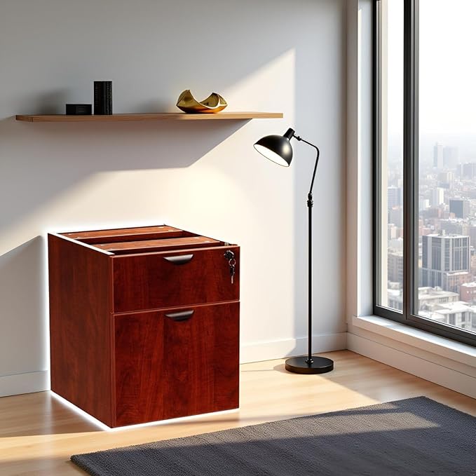 Hanging Pedestal Mahogany Finish Three Quarter Box File Storage Cabinet Mobile Mount Under Desk Organizer Vertical Filing Unit Durable Wood Composite Construction Lockable Drawer Smooth Glide