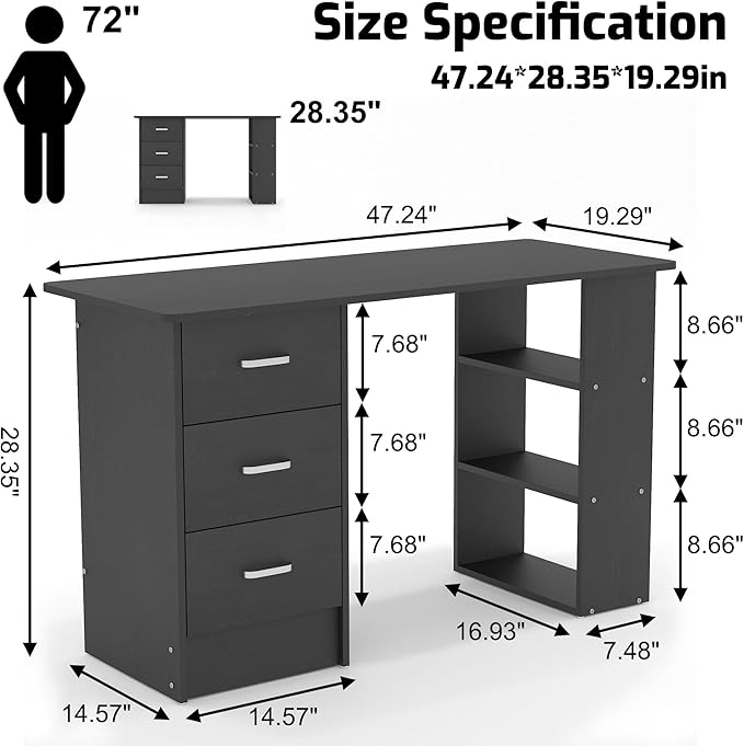 Computer Desk with DrawersStanding Desk with Storage RacksWriting Desk for Home Office or Bedroom(Black)