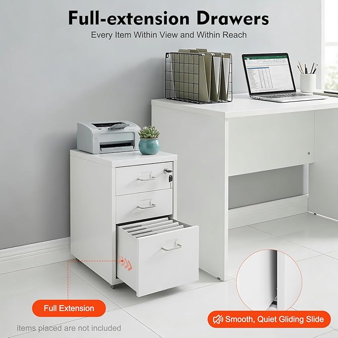 3-Drawer Metal File Cabinet Mobile File Cabinet with Lock Rolling Vertical Filing Drawers Under Desk for Home Office 11 * 16 * 18.3in (White)