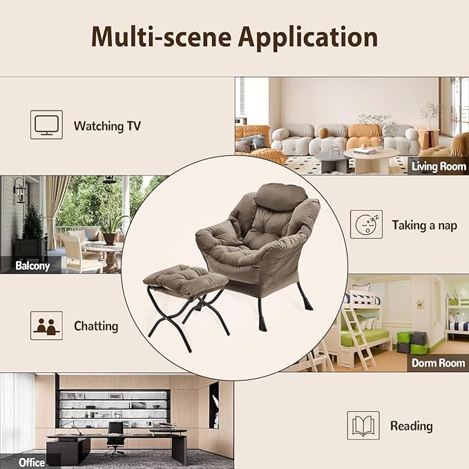 Lazy Chair with Folding Ottoman Accent Chair Velvet Upholstered with Metal Structure and Non-Slip Pads Sofa Armchair with Footrest and Side Storage Bag for Dorm Room Office Dark Gray