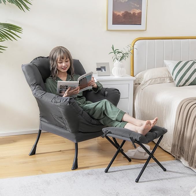 RELAX4LIFE Lazy Chair with Foldable Ottoman - Modern Lounge Accent Chair w/Armrests &amp Side Pocket Upholstered Leisure Sofa Armchair with Footrest for Reading Living Room Bedroom Dorm (Grey)