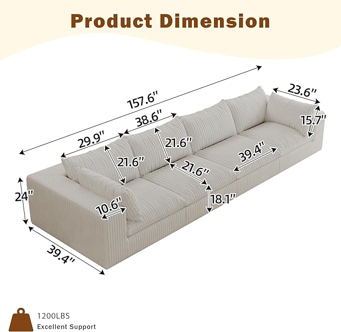 Oversized 118 W Corduroy Boneless Couches for Living Room No Assembly Required 3-Seaters Modular Sectional Sofa with Removal Cushion Comfy Plush Upholstered Couch for Apartment/Office (White) | Co