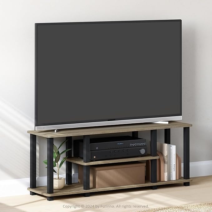 Furinno Turn-N-Tube No Tools 3D 3-Tier Entertainment TV Stand up to 50 inch TV Square Tubes French Oak Grey/Black